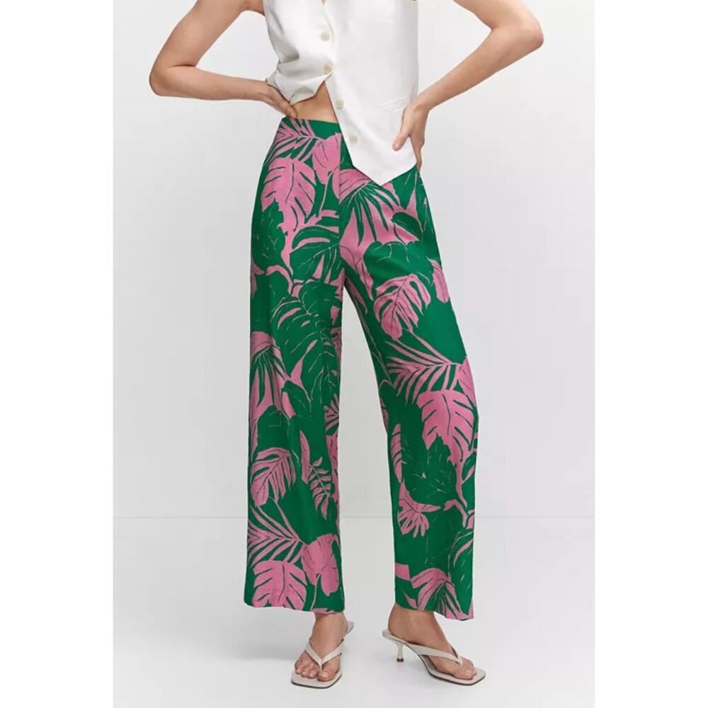 MNG 312MILA Tropical Print Wide Leg Pants NWT Size 4 US / EUR 36 Green Pink